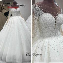 O Neck Full Sleeves Luxury Crystal Wedding Dress New Design Sheer Neck Plus Size Custom Made Princess Wedding Gown W0891