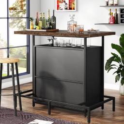 Tribesigns Home Bar Unit Cabinet With Footrest, Industrial 3-Tier Liquor Bar Table With Stemware Rack And Wine Storage