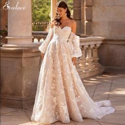 EVALOVE Gorgeous Appliques Sweetheart Neck Lace Up A-Line Wedding Dress 2023 Romantic Detachable Long Sleeve Vintage Bridal Gown
