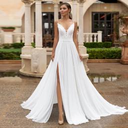 Sexy V-Neck A-Line Wedding Dress Custom Made To Mesures Floor LengthBoho Sleeveless Lace Appliques Spaghetti Straps Bridal Gown
