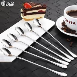 6PCS 304 Stainless Steel Coffee Spoon Ice Cream Dessert Tea Stirring Spoon For Picnic Kitchen Accessories Bar Tools Long Handled