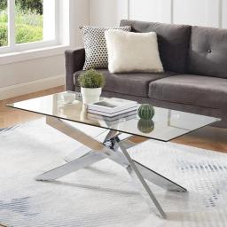 Rectangle Modern Coffee Table, Tempered Glass Top And Metal Leg, 47.3”Lx23.6”Wx18.1”H, Silver