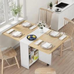 Dining Table Set With 2 Tiers Of Storage Extendable Deciduous Farmhouse Wooden Kitchen Dining Table For 4 People, Foldable