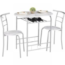 VECELO 3 Piece Small Round Dining Table Set For Kitchen Breakfast Nook, Wood Grain Tabletop With Wine Storage Rack,