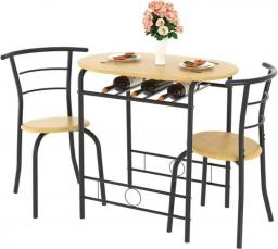 3 Piece Small Round Dining Table Set For Kitchen Breakfast Nook, Wood Grain Tabletop With Wine Storage Rack, Save Space, 31.5