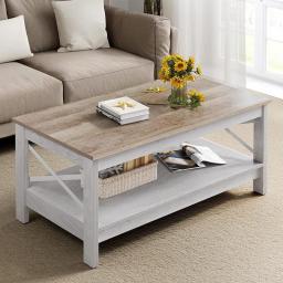 Farmhouse Coffee Table 2-Tier Wood Center  With Storage Shelf For Living Room, Gray Modern Accent Side End  Fo