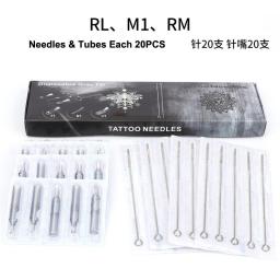 20Pcs Disposable 3/5/7/9/11 RL Sterile Nozzle Tips Tube & 316 Stainless Steel Needles For Tattoo Machine Gun Ink Cup Grip Kit