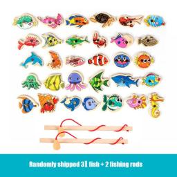 Montessori Educational Wooden Toys Magnetic Fishing Toy For Baby Cartoon Marine Life Cognition Fish Parent-Child Interactive Toy