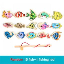 Montessori Wooden Magnetic Fishing Toys For Kids Cartoon Marine Life Cognition Fish Games Education Parent-Child Interactive Toy