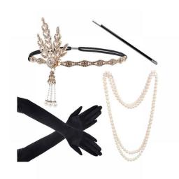 Vintage 1920's Flapper Girl Headband Women Gatsby Party Costume Accessories Set Pearl Necklace Gloves Cigarette Holder Earrings