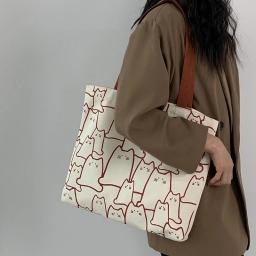 Canvas Bags Handbag For Women Shopper Cute Cat Tote Bag With Zipper Designer Bag Japanese Style Cartoon Small Shoulder