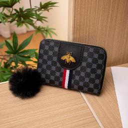 2023 Trendy Style Retro Ring Print Honey Ribbon Fur Ball Decoration Multi Card Short  Handbag Women's Bag
