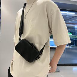 Simple Lightweight Box Bag Unisex Trendy Diagonal Striped Shoulder Bag Soft PU Leather Pressed Shell Men's Messenger Bag