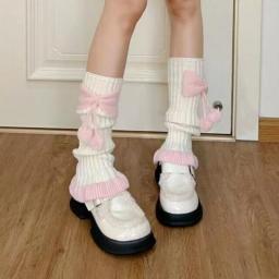 Harajuku Y2k Lolita Kawaii Leg Warmers Socks Girls Cute Bow Plush Ball Sweet JK Pink Ruffles Japanese Knitted Warm Leg Cover New