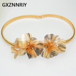 Handmade Copper Flower Belts For Women Accessories Party Gold Color Elastic Metal Luxury Fashion Dress Rhinestone Belt Prom Gift
