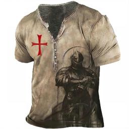 Vintage T Shirt For Men 3d Printed Knight Henley Shirt Gothic V-neck Short Sleeve Oversized Tops Harajuku Punk Streetwear