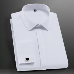 Solid Classic Men's French Cuffs Dress Shirt Long Sleeve Covered Placket Formal Business Standard-fit Office Work White Shirts