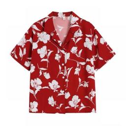 Men Clothing Blouse Summer New Flower Print Vintage Short Sleeve Hawaiian Shirt Fast Drying Casual Beach Shirts Tops Red Unisex