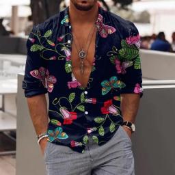Floral Print Pink Men Shirts Turn-down Collar Buttoned Shirt Casual Long Sleeve Tops Mens Social Clothes Prom Party Cardigan
