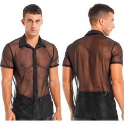 Men's See Through Turn-Down Collar Button Shirt Sexy Night Club Party Black Short Sleeve Transparent Mesh Casual Top