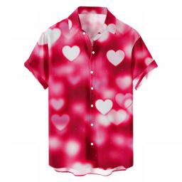 Heart Love Dots Print Men Shirt Summer Short Sleeve Blouse Button White Shirt Valentine Day Clothes Party Social Dress Male Tops