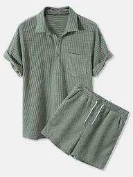 Summer Mens Shirt Sets Thin Corduroy Solid Breathable Short Sleeve Waffle Shirts & Shorts Men Set With Pocket