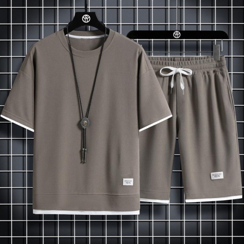 Summer Ice Silk Men's Casual Short Sleeve And Shorts Fake Two-piece Set Casual T-shirt Tracksuit Men Pant Sets Clothing