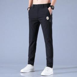 Summer Men's Casual Pants Thin Soft Elasticity Lace-up Waist Solid Color Pocket Applique Korea Grey Black Work Trousers Male