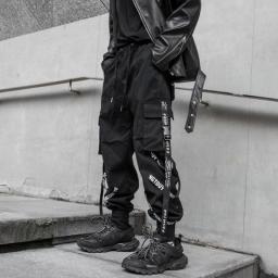 TINT ERA  Black Cargo Pants Men Joggers Cargo Trousers For Men Jogging Japanese Streetwear Hip Hop Hippie Techwear Gothic Ribbon