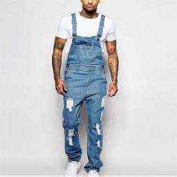 Fashion Cool Men's Jumpsuit Light Blue Suspender Pants Ripped Denim Trousers Street Casual Youth Pocket Splicing Button Jeans 23