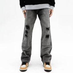 2023 Vibe Style Ripped Hole Vintage Grey Baggy Men Cargo Jeans Pants Y2K Clothes Straight Hip Hop Cotton Trousers Pantalon Homme