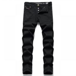 Hot Men's Black Jeans Simple Trend Stretch Slim Pencil Pants High Quality Solid Color Mid-Waist Embroidered Brand Trousers