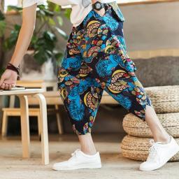 2023 Summer Harajuku Calf Length Casual Men's Pants Wide Leg Cotton Linen Printing Harem Baggy Pants Fashion Men's Clothing