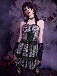 Goth Designed Printing Suspender Dress Slim Pullover Halter Neck Backless Gothic Style Sexy Ladies Mini Dress For Summer 2023