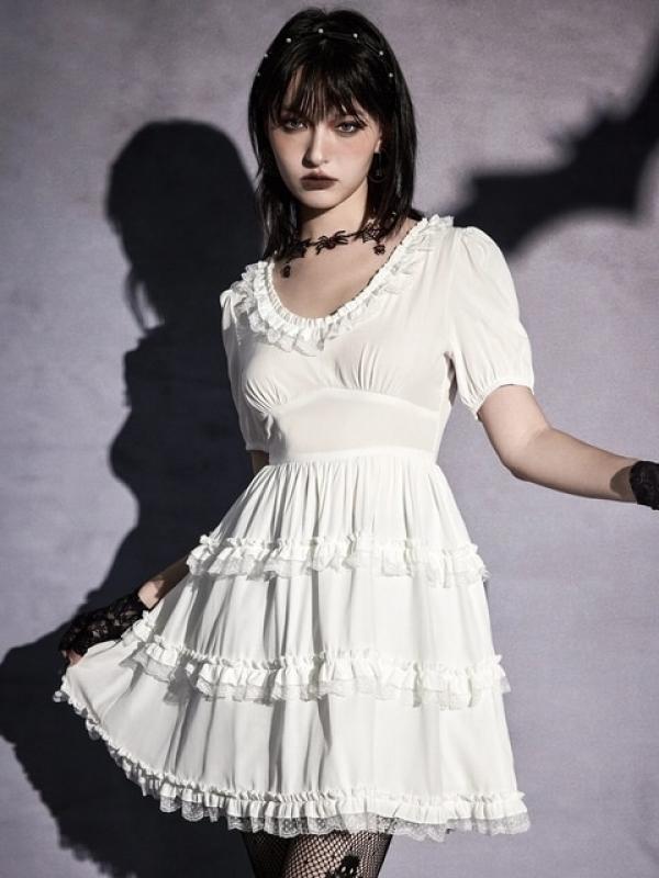 New Goth Retro Fashion Women White Dress Short Sleeve Lace Pleated Patchwork Round Neck Gothis Tyle Ladies Dress For Summer 2023