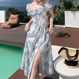 2023 Summer Chiffon Ladies Beach Short Sleeve Long Skirt Printed French Temperament Floral Dress Elegant Evening Dress