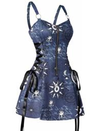 Sun Star Print Dress Half Zipper Lace Up High Waisted Strap A Line Mini Robe Fashion Casual Tank Playsuit For Women