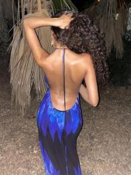 Summer Backless Maxi Dress For Women Sexy Mesh Printed See Through Slim Beach Dress Blue Long Club Party Vacation Outfits 2023