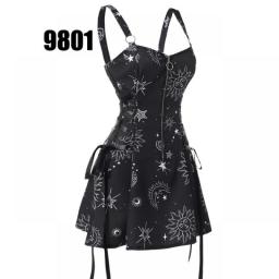 Women Printed Sleeveless Mini Dress Galaxy Octopus Lace Up Half Zipper Adjustable Buckle Strap Sexy Robe For Female