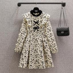 Retro Fragmented Flowers Women's Dress 2023 Spring New Fashion Sweet Auricular Edge Bow A-Line Dresses For Ladies