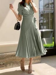 Elegant Fashion Vintage V Neck Slim Long Dress 2023 New High Waist Solid Pleated Dresses Temperament Slimming Women's Dress
