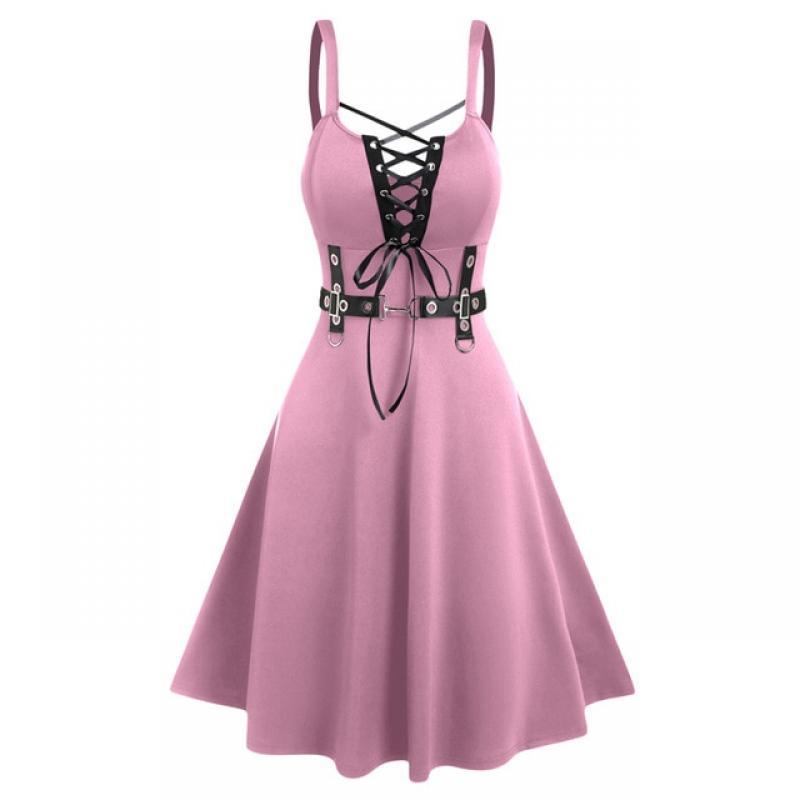 Punk Style Sleeveless Strap Sling Dress Buckled Lace Up D-ring Eyelet High Waist Backless Y2K Sexy RobeParty