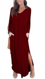 Women Casual Solid Maxi Long Sleeve V-neck Split Floor-Length Pockets Dress For Spring Autumn