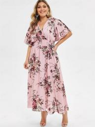 ROSEGAL Plus Size Floral High Waisted Flutter Sleeves Dress Women Summer V Neck Cottagecore Dress Casual A Line Vestidos 5XL
