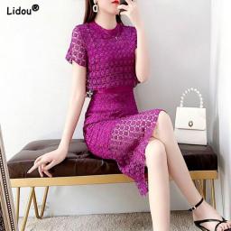 Round Neck Hollow Out Solid Color Women's Clothing Short Sleeve Dresses Lace Temperament Summer Thin Elegant Office Lady Casual