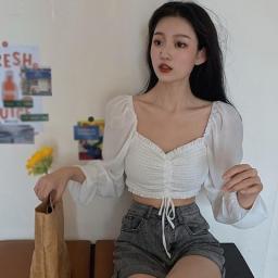 Women's Fashion Off Shoulder Shirt Sexy Sweet Pleated Soild Navel Exposed Chiffon Long Sleeves Blouses