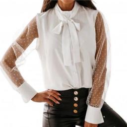 Women See Through Retro Dot Print Mesh Long Sleeve Buttons Bowknot Female Shirt  Woman Blouse And Top