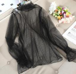 Spring Summer Women Hollow Out Mesh Blouse Sweet Ruffles Lace Shirts Female Flare Sleeve Dot Thin Bottoming Blouses Tops AB1700