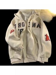 Vintage Letter Print Zip Up Hoodie Women Embroidery Jacket Sweatshirt Oversized Casual Teens Clothes Hip Hop Hoodies Y2k Korean