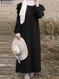 2023 ZANZEA Elegant Spring Sundress Robe Femme Dubai Turkey Ruffles Solid Vestido Fashion Women Long Sleeve Muslim Abaya Dress